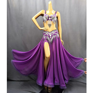 Belly Dance Costume Women Purple Beaded Bra & Slit Skirt Set Chiffon Tribal Dancewear