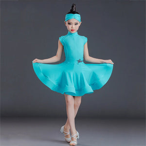Girls' Aqua Latin Dance Dress with Headband, Short Sleeve, Ballroom Rumba Cha Cha Samba