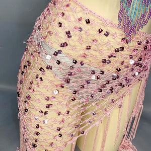 Belly Dance Costume Set Women's Light Blue & Pink Sequin Beaded Fringe Bra Top with Pink Sequin Mesh Hip Scarf
