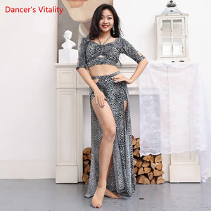 Belly Dance Costume Women's Leopard Print Halter Crop Top and High Slit Skirt Set, Chiffon Tribal Dancewear
