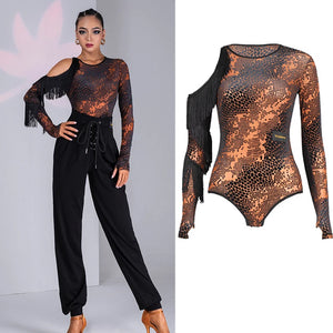 Women's Black & Orange Snake Print Long Sleeve Bodysuit with Fringe, Latin Dance