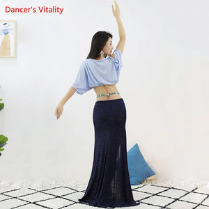 Women's Light Blue Crop Top & Navy Sequin Slit Skirt Belly Dance Costume