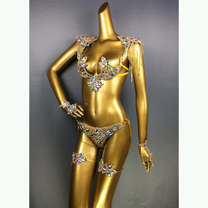 Rhinestone Carnival Bikini Set, Women's Gold Sparkle Crystal Embellished Bra and Bottoms with Shoulder Pads and Leg Bands, Samba Dance Costume