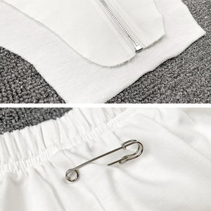 White Vintage V-Cut Zip-Up Hoodie and Pants Set with Finger Loop and Side Slit Pockets