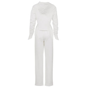 White Vintage V-Cut Zip-Up Hoodie and Pants Set with Finger Loop and Side Slit Pockets