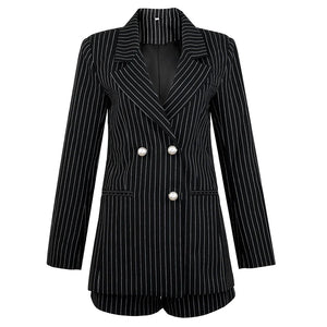 Black Pinstripe Plunge V-Neck Blazer with Pearl Detail and High-Waisted Shorts Set