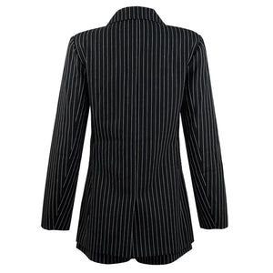 Black Pinstripe Plunge V-Neck Blazer with Pearl Detail and High-Waisted Shorts Set