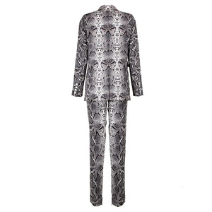Women's Two-Piece Snake Print Suit with Peak Lapel Jacket and Skinny Pants