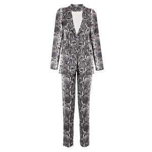 Women's Two-Piece Snake Print Suit with Peak Lapel Jacket and Skinny Pants