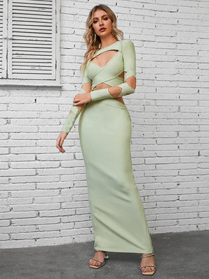 Light Green Cut-Out Long Sleeve Maxi Dress for Women, Sexy Backless Bodycon with Hollow O-Neck for Evening Party