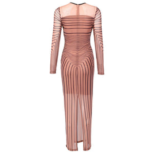 Elegant Sinuous Stripe Mesh Maxi Dress with Sheer Long Sleeves and Back Slit