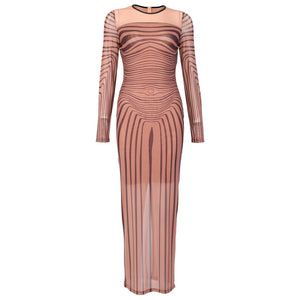 Elegant Sinuous Stripe Mesh Maxi Dress with Sheer Long Sleeves and Back Slit