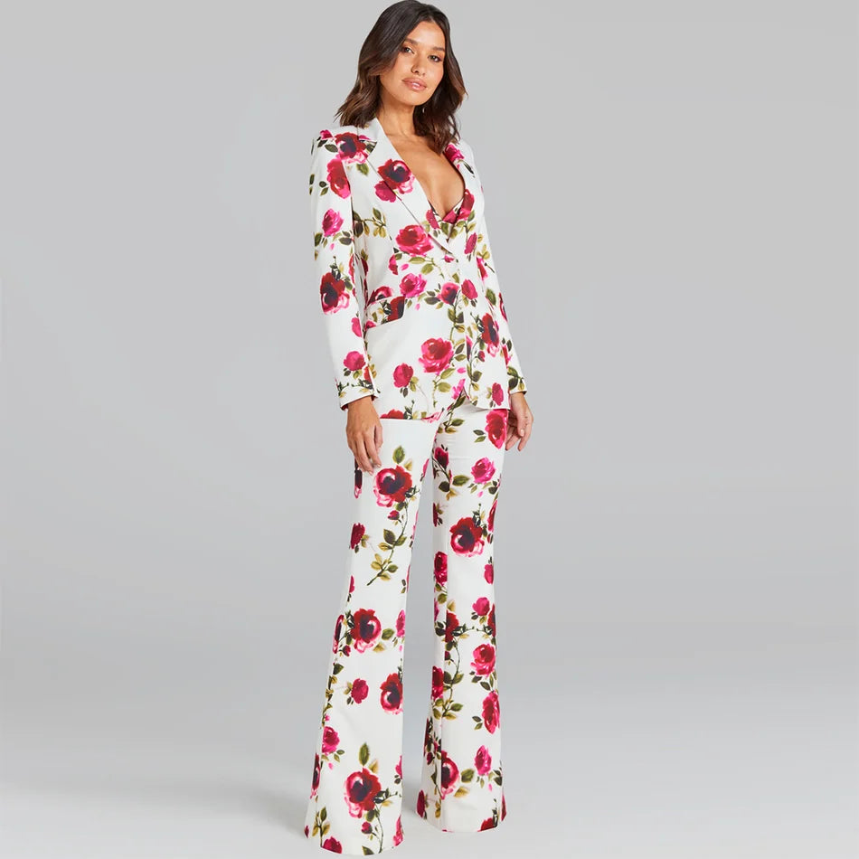 Floral Print Long-Sleeve Blazer and Flared Pants with Sexy Sling Top Three-Piece Suit