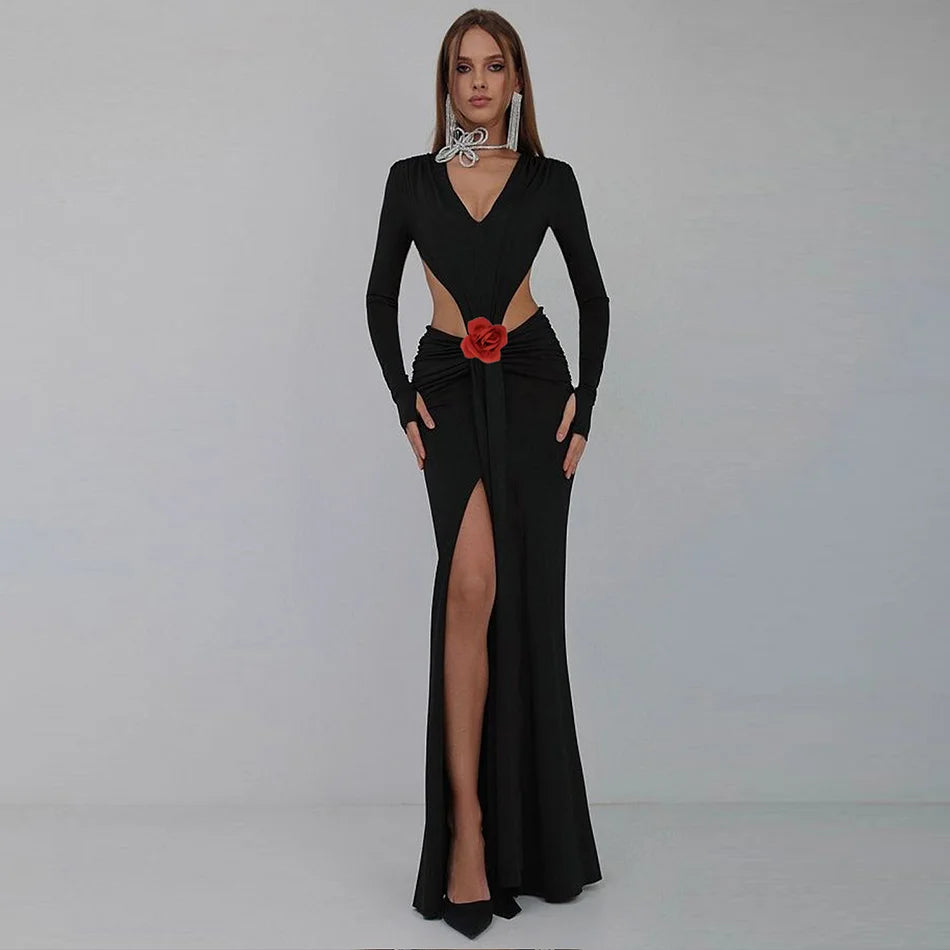 Black Long Sleeve V-Neck Maxi Dress with High Split and Red Flower Waist Detail