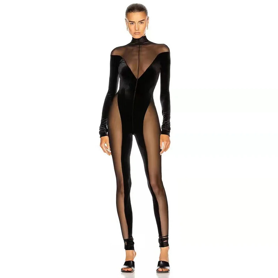 New Velvet Mesh Catsuit Fashion Black Sheer Turtleneck Panel Off The Shoulder Women Sexy Long Sleeve Semi-transparent Jumpsuit