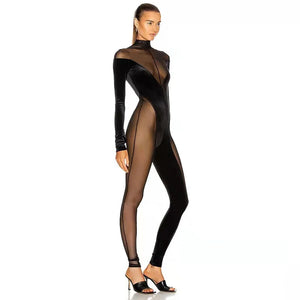 Women's Black Velvet and Sheer Mesh Turtleneck Catsuit with Long Sleeves and Off-the-Shoulder Design
