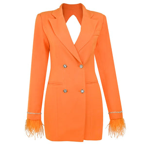 Orange Double-Breasted Blazer Dress with Crystal Buttons and Feather Cuff Detail
