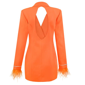 Orange Double-Breasted Blazer Dress with Crystal Buttons and Feather Cuff Detail