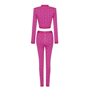 Rose Jacquard Two-piece Set Long Sleeve Buttoned Jacket Elastic Tight Slim Pants Bodycon Suit