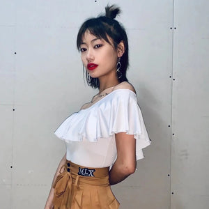 Women's Black & White Off-Shoulder Ruffle Latin Dance Top with Crisscross Back