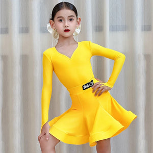 Girls' Pink Long Sleeve V-Neck Ruffled Skirt Latin Dance Dress