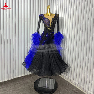 Women's Ballroom Dance Dress With Polka Dots And Ostrich Feather Sleeves For Waltz Foxtrot Tango Quickstep