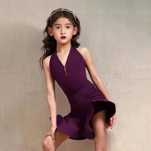Girls' Purple Halter Neck Ruffled Performance Dance Dress, Lycra Spandex, Latin Ballroom