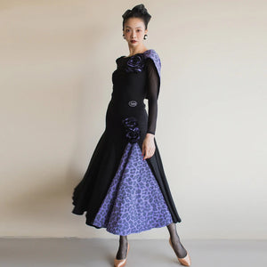 Ballroom Dance Dress Women's Black & Purple Leopard Print Long Sleeve Backless Mesh Panel Standard Smooth Gown