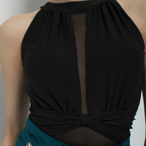 Women's Black Mesh Halter Bodysuit and Teal High-Waisted Wide-Leg Pants Latin Ballroom Dancewear