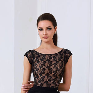 Women's Black Lace Cap Sleeve Bodysuit and Ruffled Chiffon Skirt Latin Ballroom Dance Dress