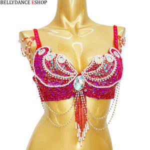 Women's Red Sequin & Pearl Beaded Belly Dance Bra Top with Shoulder & Waist Chains
