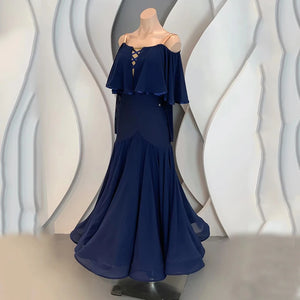 Ballroom Dance Dress Women Navy Blue Chiffon Off-Shoulder Lace-Up Back Long Sleeve Full Skirt