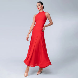Women's Red High Neck Sleeveless Back Lace-Up Ballroom Dance Dress