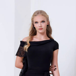 Women's Black Polka Dot Mesh Sleeve Off-Shoulder Jumpsuit Ballroom Dancewear