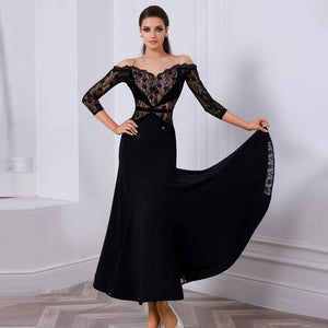 Women's Red Lace Off-Shoulder Ballroom Dance Dress with Three-Quarter Sleeves, Long Skirt