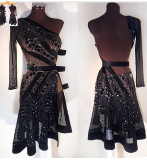 Latin Dance Dress Women's Black Sequin One-Shoulder Asymmetrical Mesh Sleeved Rhinestone Fringe