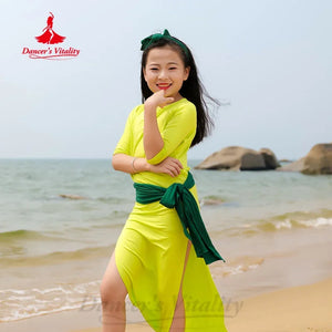 Kids' Green & Orange Slit Side Skirt with Headband Latin Dance Dress