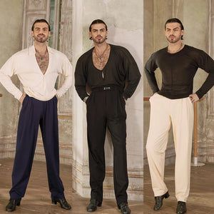 Men's Ballroom Dance Shirt & Pants Set, Cream Long Sleeve V-Neck Shirt, Navy Blue Pleated Pants, Black Long Sleeve V-Neck Shirt, Black Pleated Pants, Black Long Sleeve Crew Neck Shirt, Cream Pleated Pants