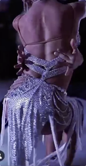 Women's Silver Sequin & Rhinestone Open Back Latin Dance Dress with Strappy Skirt