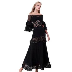 Women's Black Off-Shoulder Lace & Mesh Tiered Ruffle Sleeve Ballroom Dance Dress with Asymmetrical Ruffle Skirt