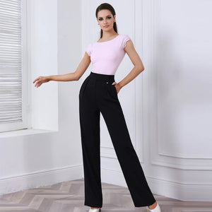 Women's Pink & Black Boat Neck Bodysuit with High-Waisted Wide-Leg Dance Pants