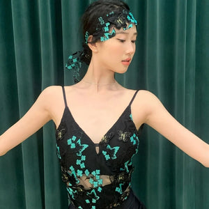 Women's Black Mesh Butterfly Appliqué Ruched Slit Backless Latin Dance Dress