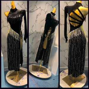 Women's Black Velvet Sequin Fringe Beaded Cutout Ballroom Latin Dance Dress
