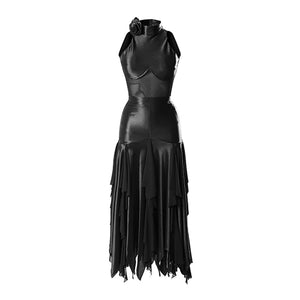 Women's Black Mesh & Satin Halterneck Latin Rhythm Ballroom Dance Dress with Ruffled Skirt