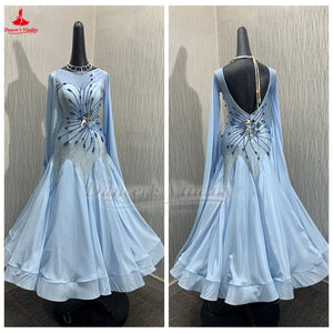 Ballroom Dance Dress Women Light Blue Embellished Long Sleeve Open Back Satin