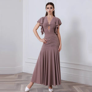 Women's Brown V-Neck Ruffle Sleeve Ruched Ballroom Dance Dress, Women's Black V-Neck Ruffle Sleeve Lace Pleated Hem Ballroom Dance Dress