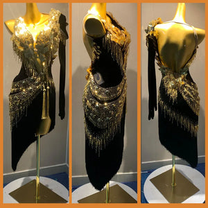 Women's Black & Gold Embellished Velvet Latin Rhythm Dance Dress with Fringe & Asymmetrical Hem