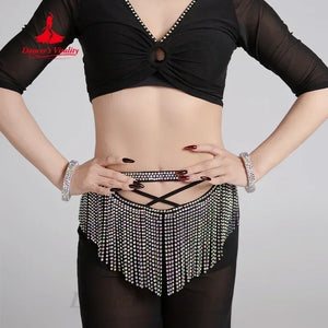 Belly Dance Costume Womens Blue Chiffon Mesh Crop Top and Slit Pants Set with Rhinestone Fringe Hip Scarf