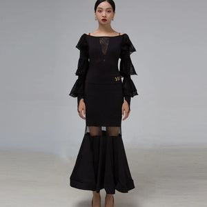 Latin Dance Dress Women Black Lace Ruffle Long Sleeve Sheer Mermaid Hem Lycra Spandex