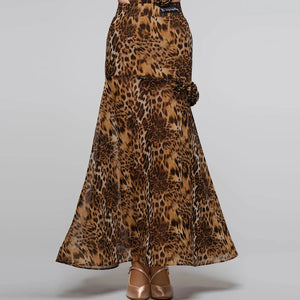 Women's Brown Leopard Print Latin Dance Dress with Black Lace, High-Low Hem, and Ruffled Detail